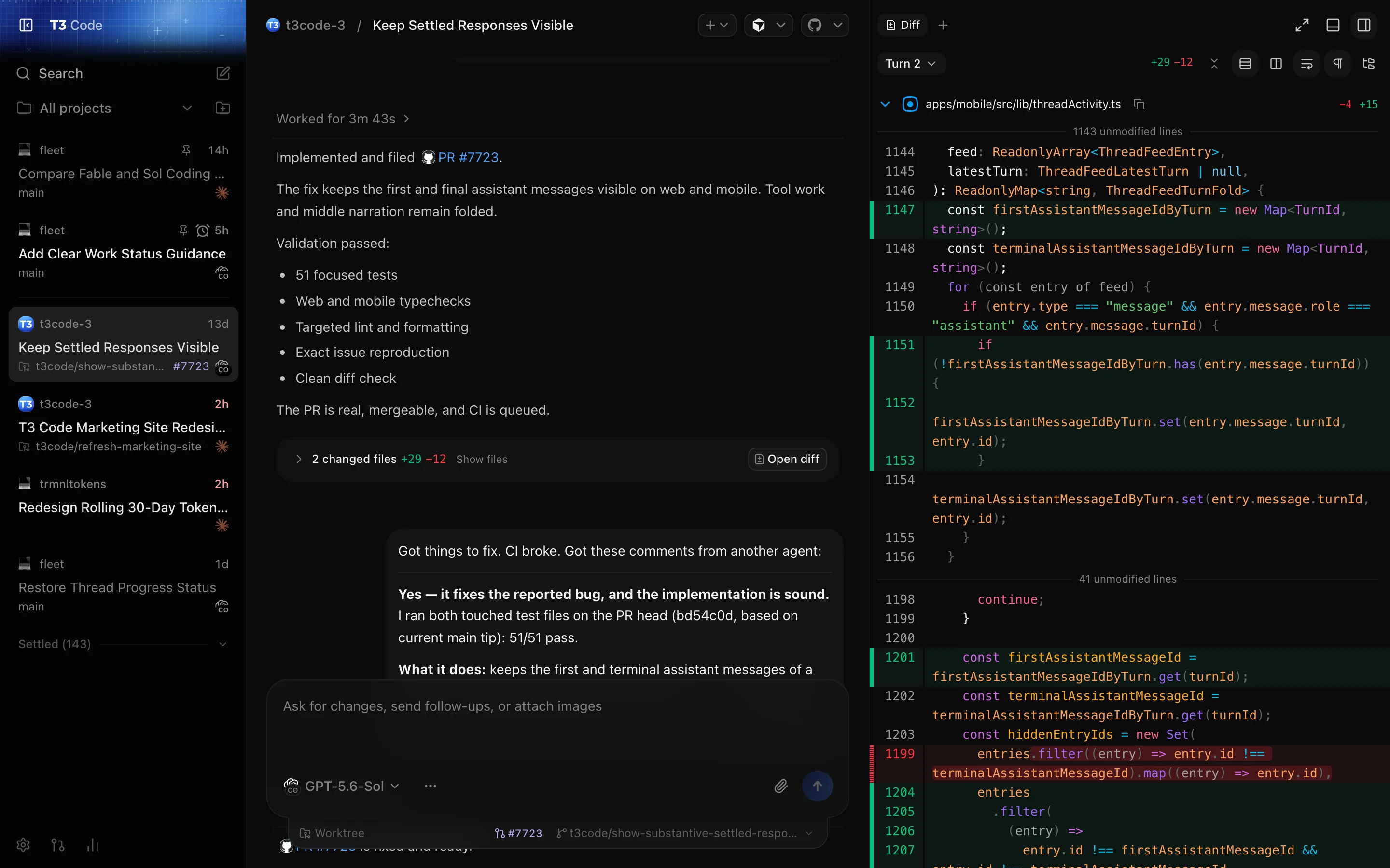 ChatAndCode with a settled thread beside its pull request diff
